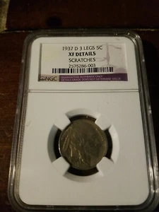 1937-D Three Legged Buffalo Nickel CERTIFIED NGC EF DETAILS  5c RARE KEY DATE - Picture 1 of 11