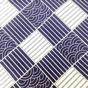 605. Blue cubes with waves Natural LINEN - Cotton Fabric. Price per 1/2 metre - Picture 1 of 3