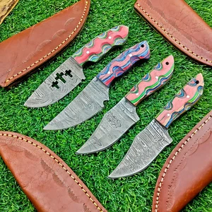 4 Pcs Damascus Blade Skinner Knives Set | 6" | Hard Wood, Leather Sheath IT-1732 - Picture 1 of 8