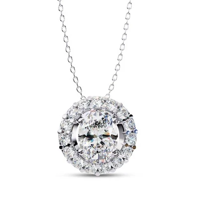 Collar colgante con halo de diamantes de corte ovalado y redondo de 1 quilate de oro blanco de 18 quilates cultivado en laboratorio Foto 1 de 4
