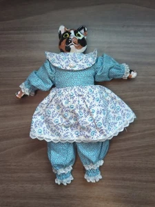 Vintage Calico Cat Doll in Blue Floral Dress – Handmade Folk Art Style - Picture 1 of 6