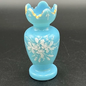 Victorian Hand Painted Blue Opaline Scalloped Top Bristol Glass Vase 4.25 in - Picture 1 of 13