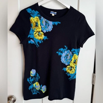 J. Crew Large 100% Cashmere T-Shirt Sweater Floral Bohemian Cottagecore Preppy - Image 1 of 4