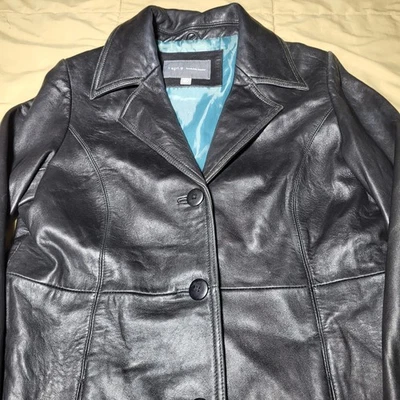 Y2K Apt. 9 Lambskin кожаная куртка черный с бирюзовый атласной подкладкой - размер M - Изображение 1 из 4