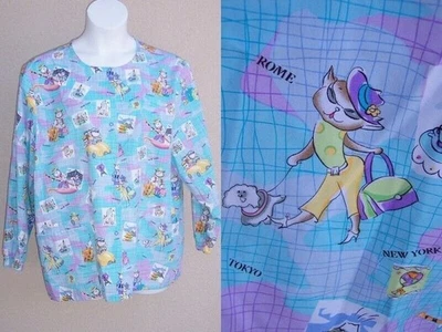HQ Scrubs L/S Travel Vacation Cats top shirt size L bust51 SNAP FRONT 3 pockets - Image 1 of 4