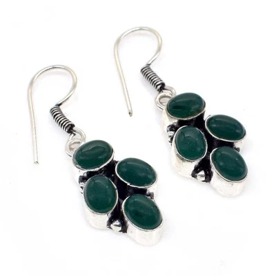 Natural Green Onyx Silver Plated Dangle Antique Handcrafted Earring w568 - Image 1 of 4