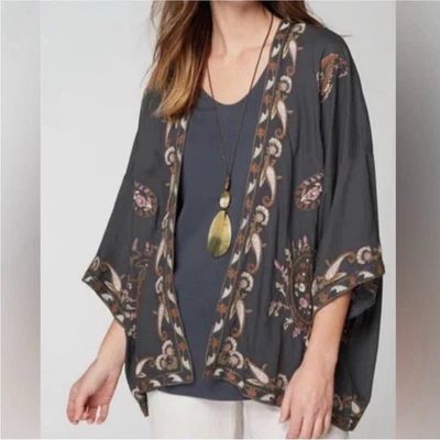 J. Jill Pure Jill Paisley Embroidered Soft Jacket Ruana Gray Plus XL 1X 2X 3X - Image 1 of 4