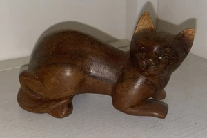 Vtg Carved Wood Cat Figurine Small Vintage Stained 4.25” Long - Picture 1 of 6