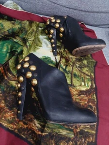 Gucci Babouska Black Leather Ankle Booties Gold Studded Size 37 - Picture 1 of 19