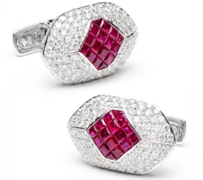 9CT Cubic Zirconia & Ruby Eyelet Men's Elegant Cufflinks In 935 Silver - Image 1 of 4