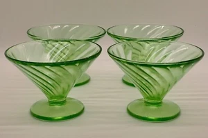 VTG DEPRESSON GLASS 4 GREEN FOOTED SHERBET SWIRL FEDERAL URANUIM 3 3/4 TALL - Picture 1 of 5