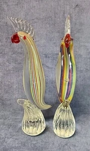 Murano Pair of Cockatoo Striped Hand-Blown Art Glass Figures Vintage mABZ - Picture 1 of 9