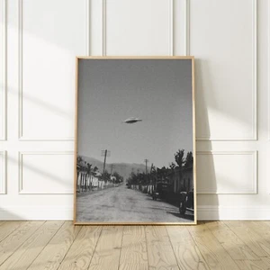 Flying Saucer Above a Small Town Retro 50s Poster, Premium Matte Paper - Picture 1 of 6