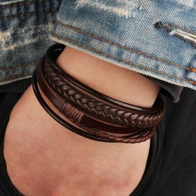 Men's Leather Bracelet Handmade Braided Wristband Magnetic Clasp Brown Unisex UK - Image 1 of 3