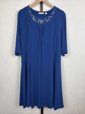 Susan Graver Liquid Knit Midi Shift Dress Women's Large Blue Beaded Neckline - Image 1 of 4