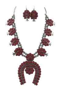 Western Halskette & Ohrringe roter Stein große Kürbisblüte Statement - Bild 1 von 4