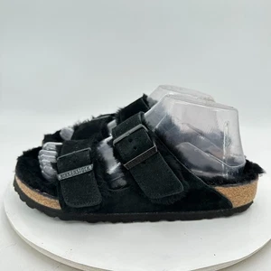Birkenstock Arizona Women Size 7.5 Black Suede Shearling Slide Buckle Sandal - Picture 1 of 11