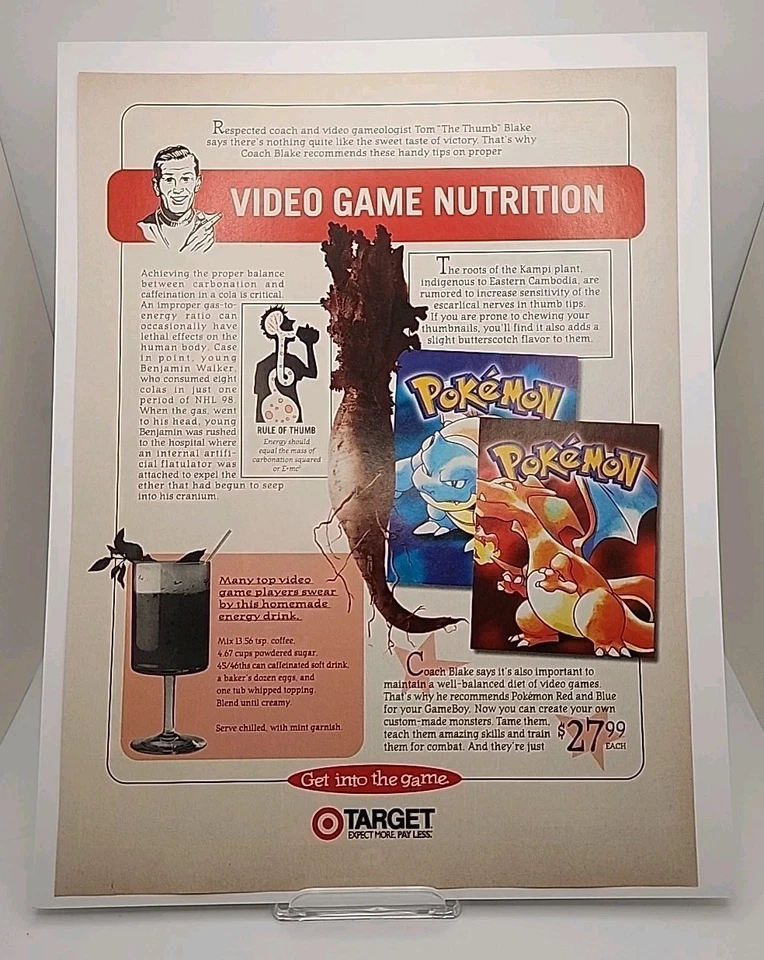 Подлинный винтажный покемон красный/синий Nintendo Game Boy, журнал печатная реклама/плакат - Изображение 1 из 1