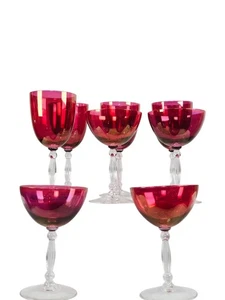 Vintage Cranberry Red Stemware Set 8Glasses- 4 Wine Goblet & Coupes Ribbed Stem - Picture 1 of 10