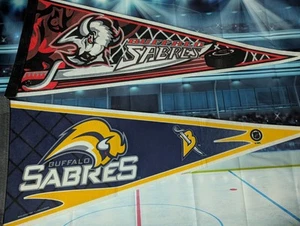 Vintage NHL Buffalo Sabres Goathead & Buffaslug Hockey Pennant Set - Picture 1 of 4