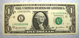 FANCY BINARY SERIAL NUMBER $1 US Federal Reserve Note - 01100220 Crisp S517 - Picture 1 of 3