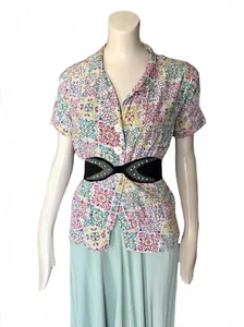 vintage 1940 multi color cold rayon blouse 40s WWII swing summer top US size 10 - Picture 1 of 9