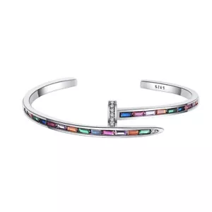 S925 Solid Sterling Silver Vintage Rainbow Cubic Zirconia Nail Open Cuff Bangles - Picture 1 of 6