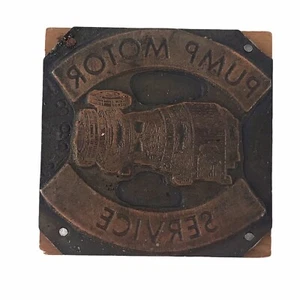 Vtg Letterpress Printing Ink Plate Block Carved Metal Wood Pump Motor Service - Picture 1 of 3