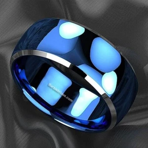 Men 8mm Tungsten Blue Glossed/Brushed Gunmetal Groove Beveled Edges Wedding Band - Picture 1 of 39