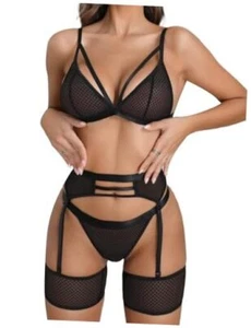 Women's Sexy Lingerie Set with Garter Belt Matching Bra and Panty Large Black - Picture 1 of 7