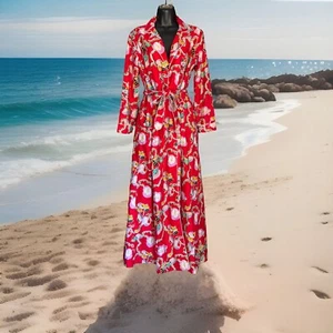 David Brown California Vintage 60s Red Floral Housecoat Dressing Gown Cotton O12 - Picture 1 of 5