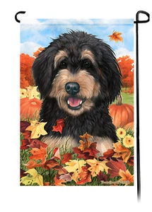 Falling Leaves Garden Flag - Black and Tan Bernedoodle - Picture 1 of 1
