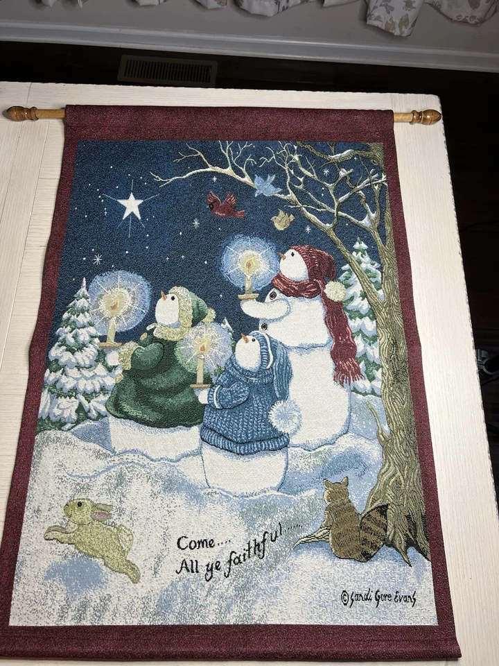 Sandi Gore Evan’s Tapiz Colgante en la Pared Muñeco de Nieve “Come All Ye Faithful” 37” x 25” Foto 1 de 4