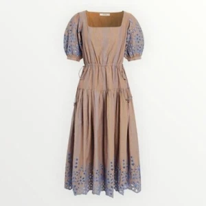 Joie Nashua Gathered Eyelet Puff Sleeve Midi Dress in Amber Glow Persian Blue M - Picture 1 of 10