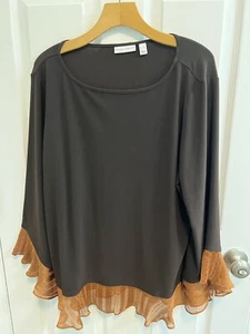 Susan Graver XL Tunika 3/4 ausgestellte Ärmel Rüschenbesatz braun orange gebraucht - Bild 1 von 12