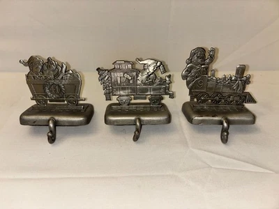 3 Vtg Pewter Christmas Train Stocking Holders Heavy Elf Santa 2-Sided 2.5D Metal - Image 1 of 4