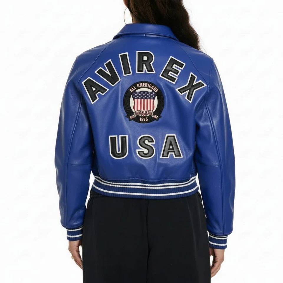 Chaqueta de cuero para mujer Avirex azul bombardero real chaqueta de vuelo americana para dama Foto 1 de 3
