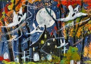 ORIGINAL ACEO Halloween Spukhaus GEIST Gräber Baum Herbst Nacht Mond ATC ART - Bild 1 von 1