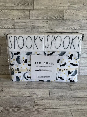 Nuevo Juego de Sábanas Rae Dunn Murciélagos Espeluznantes Lunas Estrellas Halloween 4 Piezas Microfibra Reina Foto 1 de 4