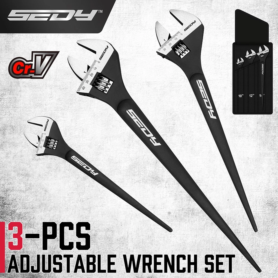 3PC Adjustable Spud Wrench Set 10" 12" 16" SAE & Metric CR-V Black Oxide Finish - Image 1 of 4
