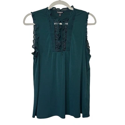 Blusa de mujer EXPRESS mediana verde sin mangas con volantes ribete de encaje cuello lazado Foto 1 de 4