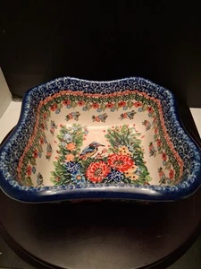 Vintage Unikat Gorgeous Polish Pottery Medium Square Fruit Bowl. New - Picture 1 of 10
