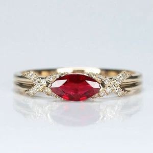 Lab Grown Marquise Cut Ruby & Diamond Engagement Ring 10k Gold Ring For Her - Picture 1 of 5