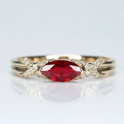 Lab Grown Marquise Cut Ruby & Diamond Engagement Ring 10k Gold Ring For Her - Image 1 of 4