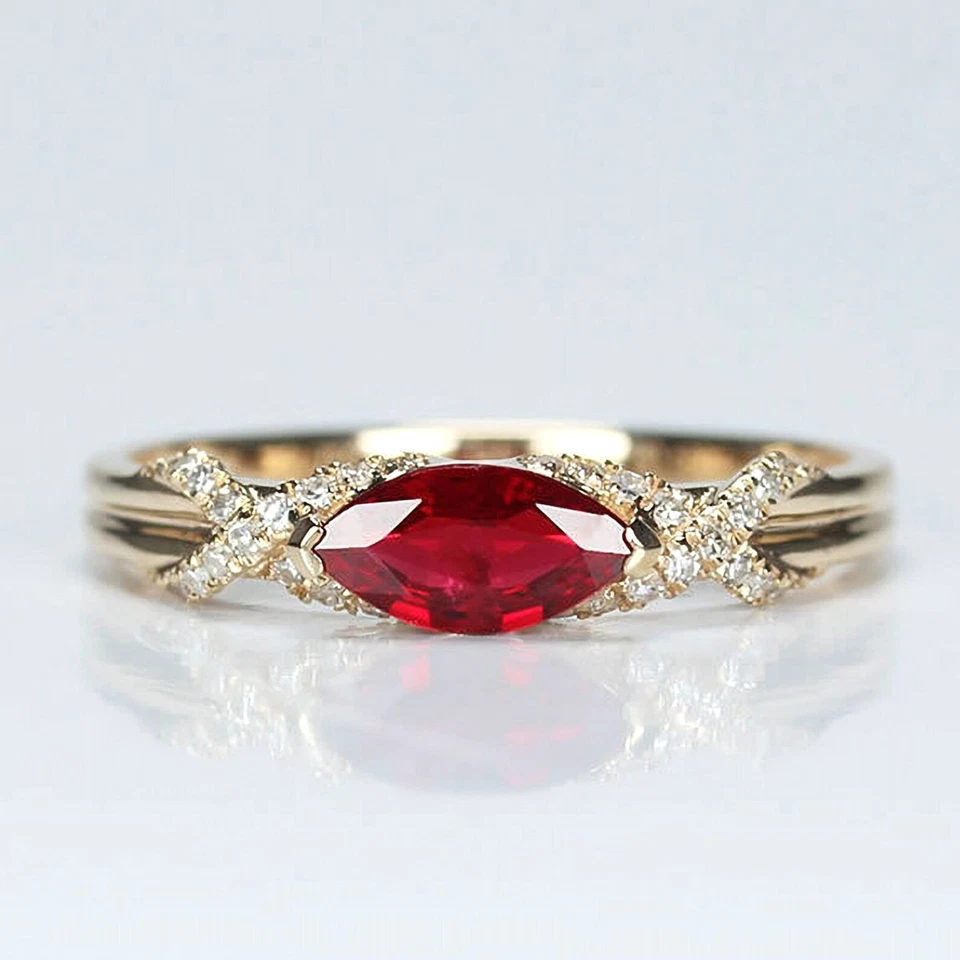 Lab Grown Marquise Cut Ruby & Diamond Engagement Ring 10k Gold Ring For Her - Image 1 of 4