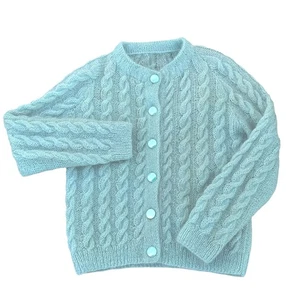 Hand Knit Mohair Cardigan Sweater Sea Foam Green Fuzzy Cable Knit Vintage 60s S - Picture 1 of 11