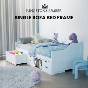 KINGSTON SLUMBER Wooden Single Sofa Bed Frame White Pine Storage - Picture 1 of 11