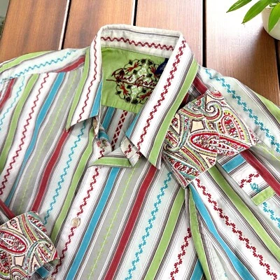 Camisa Robert Graham Hombres L Rayas Geométrica Rara Suroeste Puño Abatible Usada en Excelente Condición Foto 1 de 4