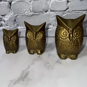 Vintage 70s Solid Brass Set of 3 Owls Paperweight Trinkets ✅ 3”, 2.5”, 2” - Picture 1 of 7