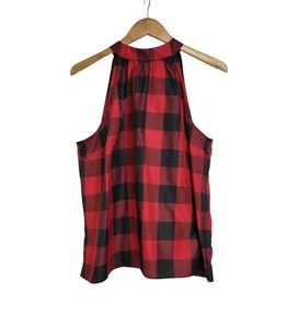 Talbots Petites Red Black Buffalo Plaid High Neck Sleeveless Blouse Size 16P NWT - Picture 1 of 7